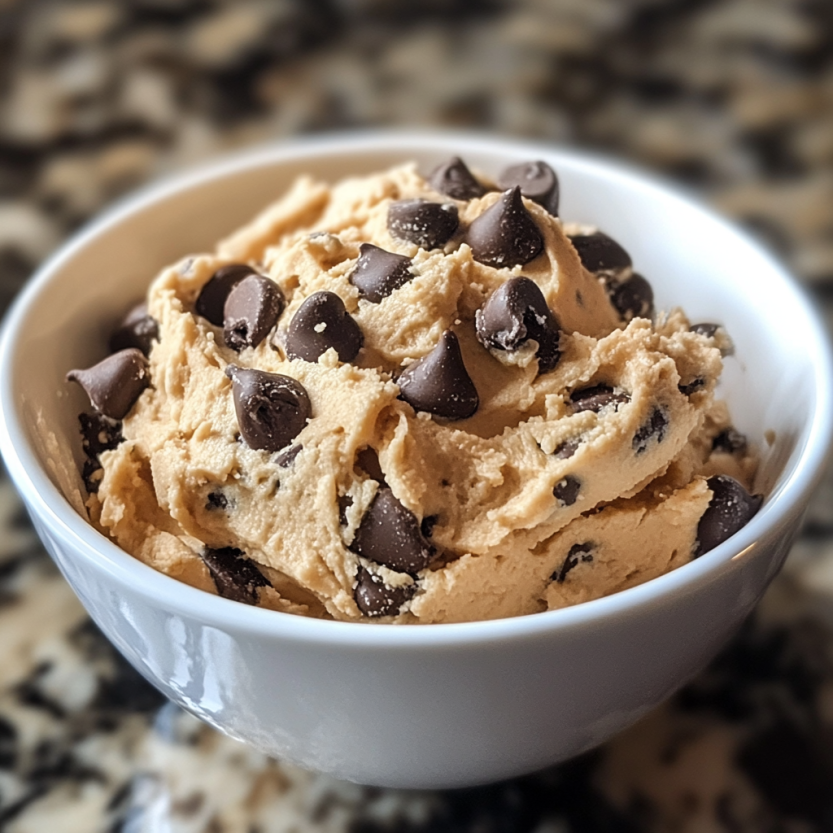 Un bol contenant une pâte à cookies avec des morceaux de chocolat.