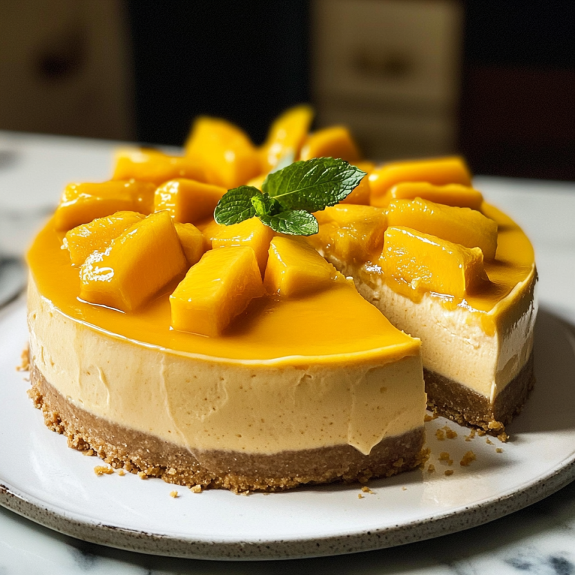 A mango tart decorated with mint leaves.