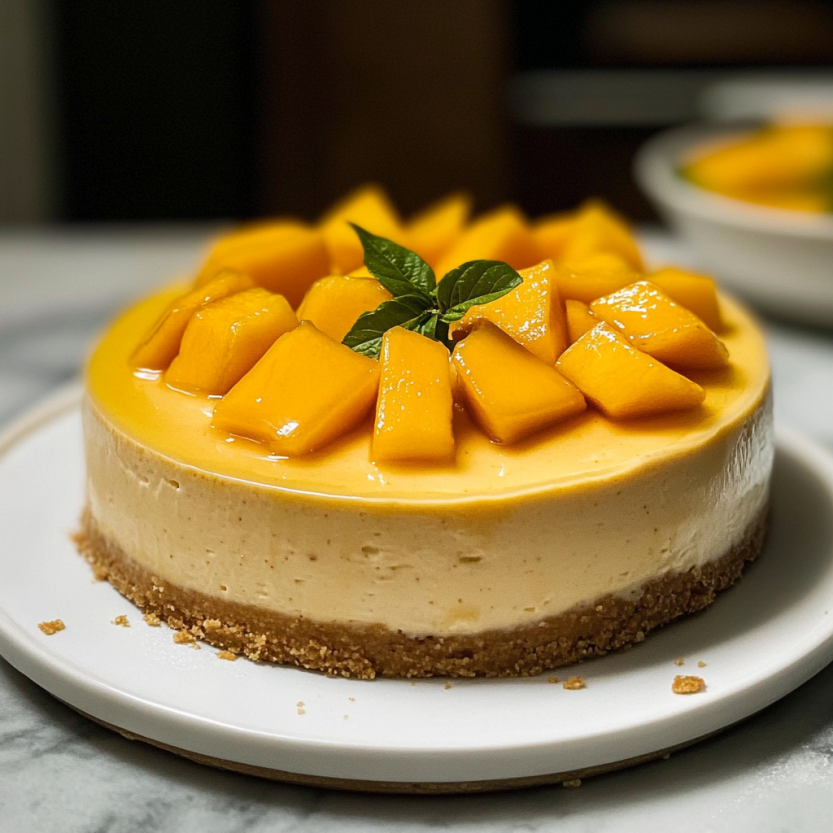 A crustless mango tart resting on a marble tray.