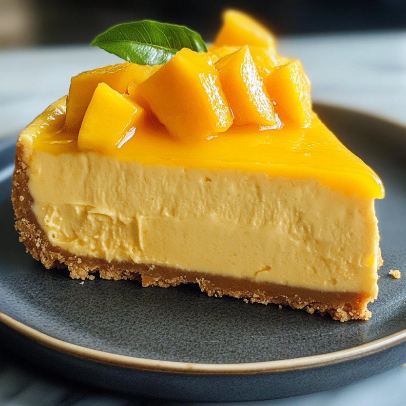 A slice of mango cheesecake sitting on a platter.