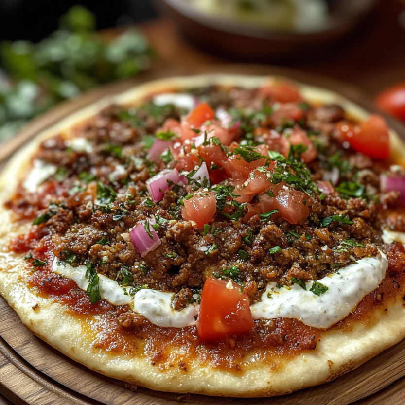 A homemade flatbread piled with tomatoes, onions, and fresh herbs.