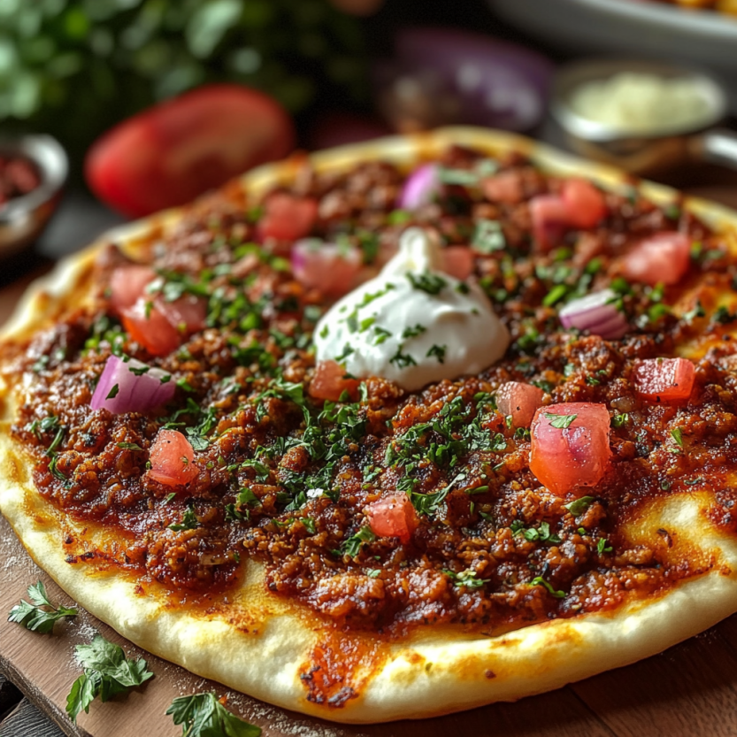 Homemade pizza with tomatoes, onions, spinach, and cheese.