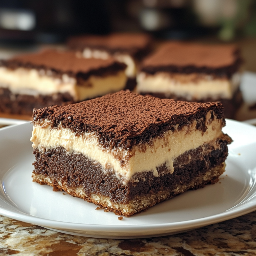A porcelain tray with cut pieces of tiramisu cake.