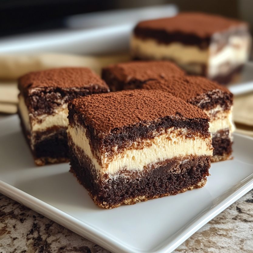 Des brownies tiramisu sur un plateau.