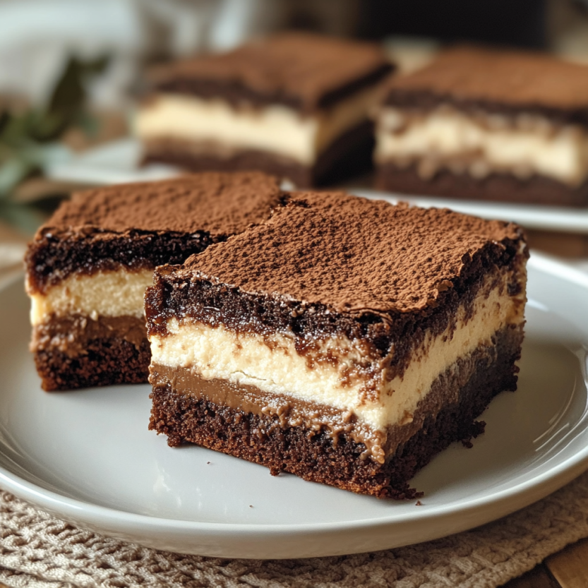 Des brownies tiramisu sur un plateau.