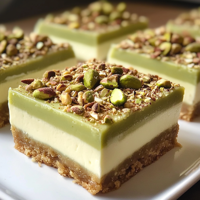 Des barres de cheesecake pistachio sur un plateau.