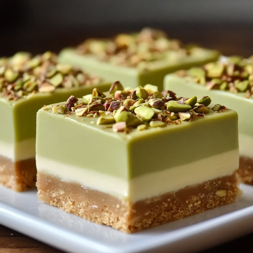 Des barres de cheesecake pistache sur une plaque.
