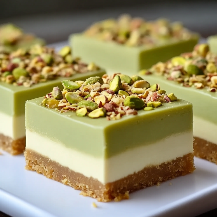 Des barres de cheesecake pistache sur un plateau.