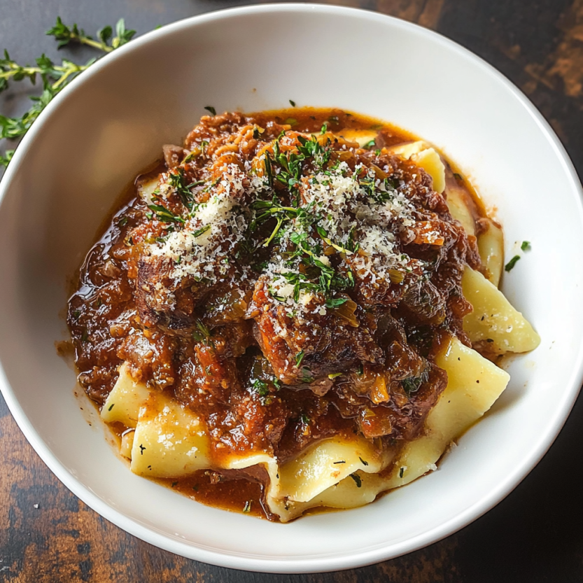 A plate topped with Italian lamb ragu sits on the table.