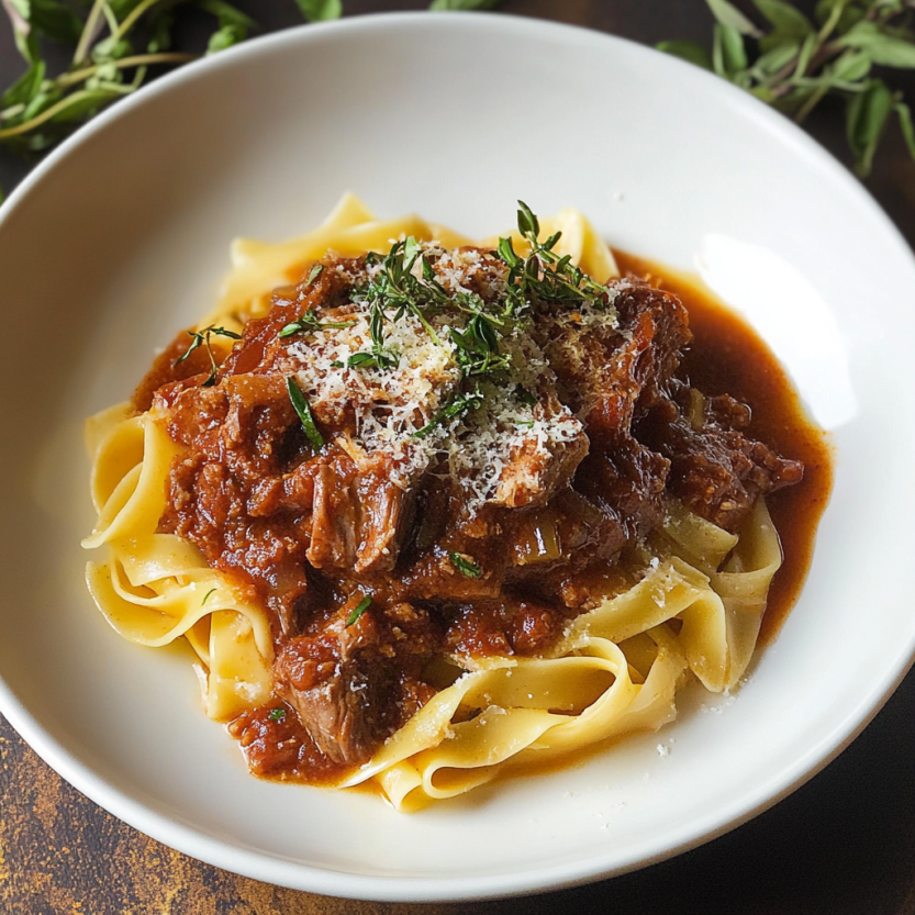 Une assiette de spaghetti bolognaise avec des herbes et des épices.