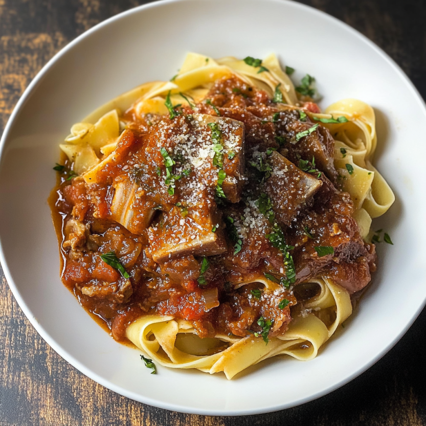 Une assiette de spaghetti bolognaise avec des morceaux de viande de porc.