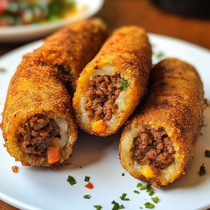 A plate piled high with golden Portuguese-style meat croquettes.