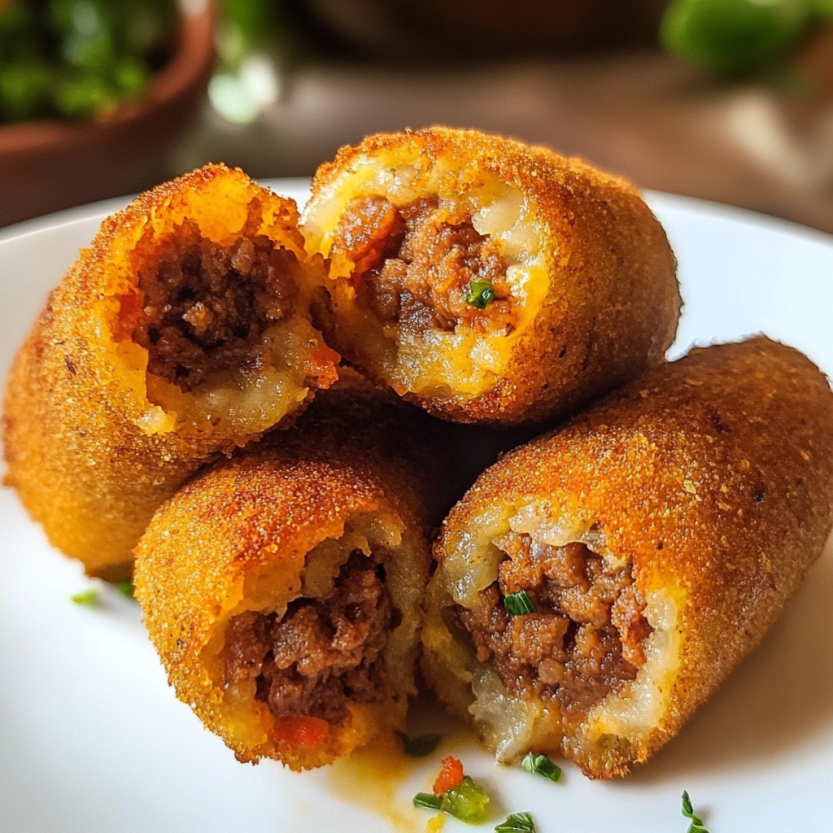 Crispy beef croquettes on a white plate, ready to eat.