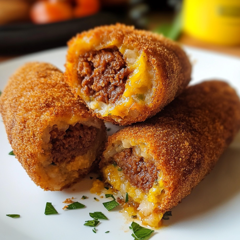 Portuguese beef croquettes set out on a tray.