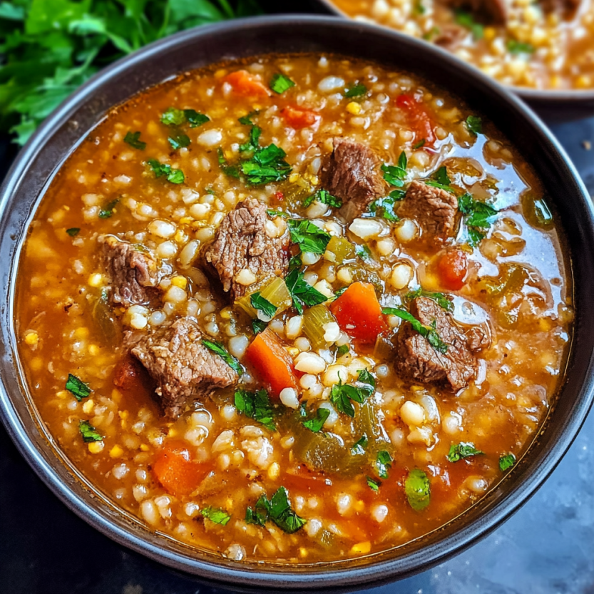 A bowl of beef and lentil soup.