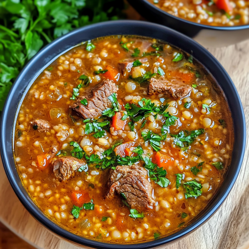 A plate with beef and lentil soup.