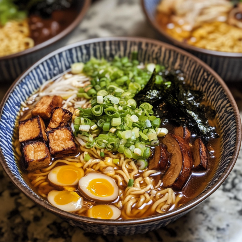 Vegan ramen with leafy greens plus soft-cooked eggs in a bowl.