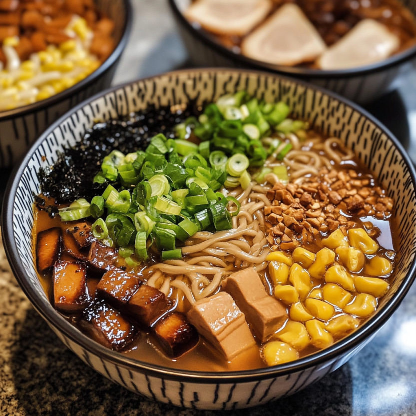 Vegan ramen topped with bright greens and crunchy nuts.
