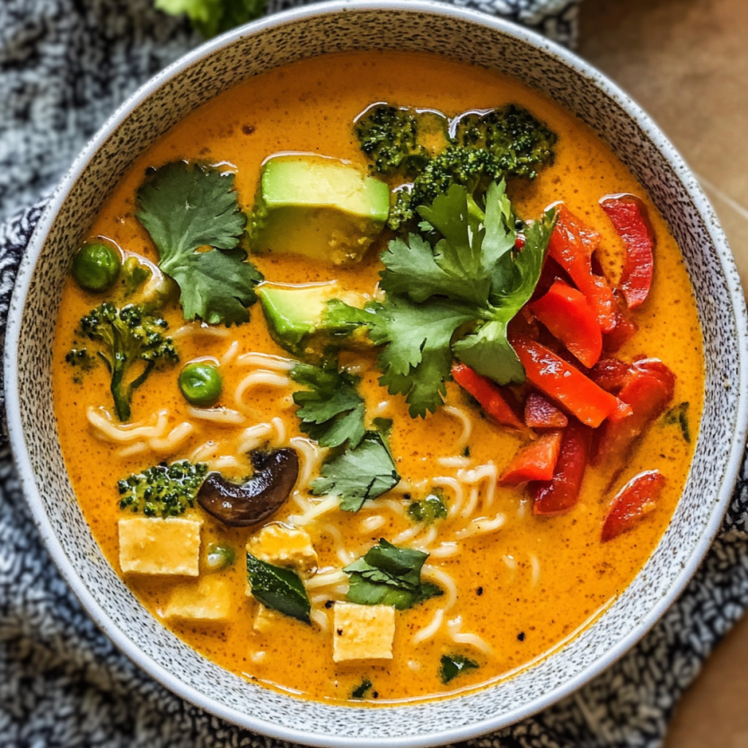 Assiette remplie de curry ramen coloré, garnie de légumes verts et de tomates.