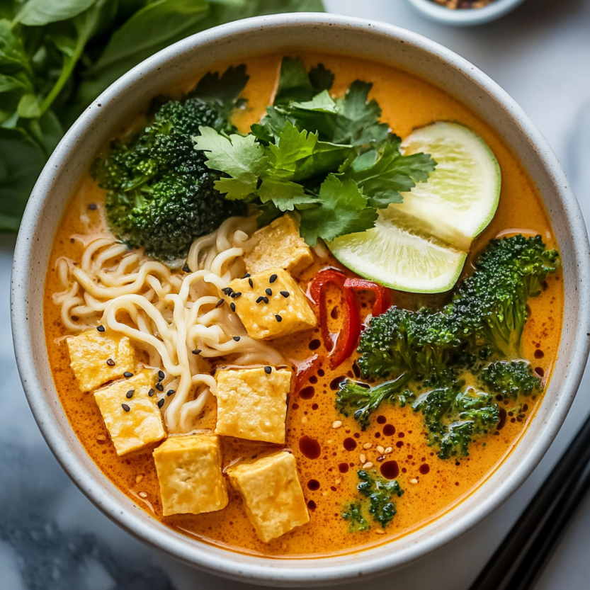 Grand bol de curry ramen crémeux orné de légumes verts et d’herbes fraîches.