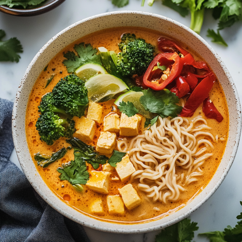 Un bol de ramen au curry garni de légumes frais et de nouilles sautées.