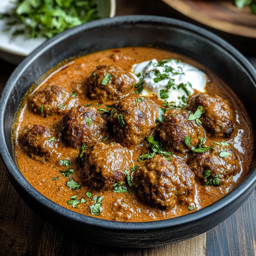 A bowl packed with saucy lamb, fresh mint, and dollops of yogurt on top.