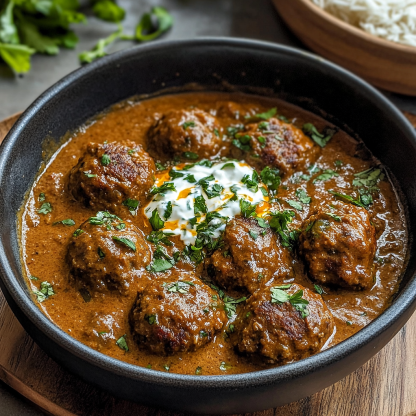 A plate of lamb curry with saucy meatballs.