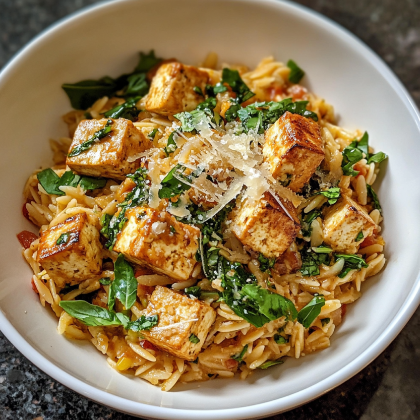 A plate with tofu and pasta.
