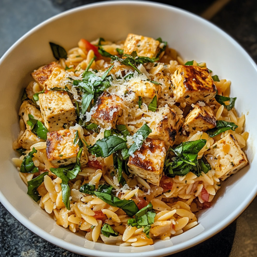 Une assiette de pasta et de tofu avec des herbes vertes.