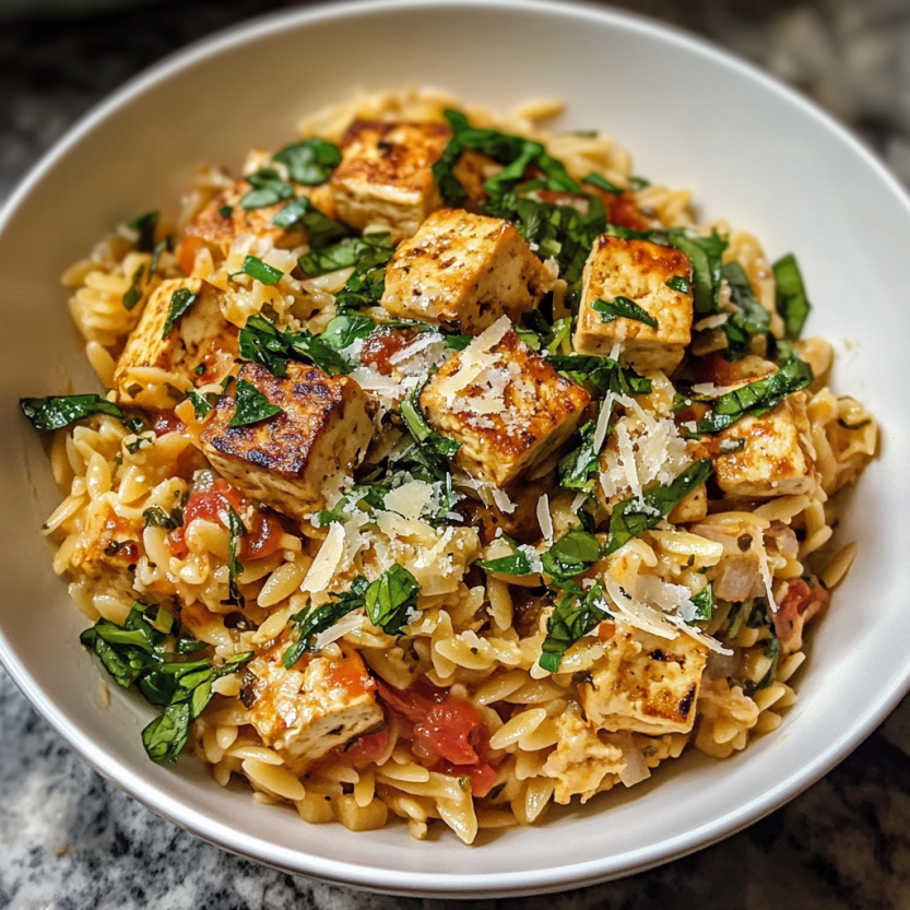 Une assiette de pasta avec des légumes verts et des cubes de tofu.