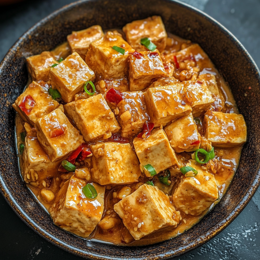 Plate of tofu with spicy bean paste sauce.
