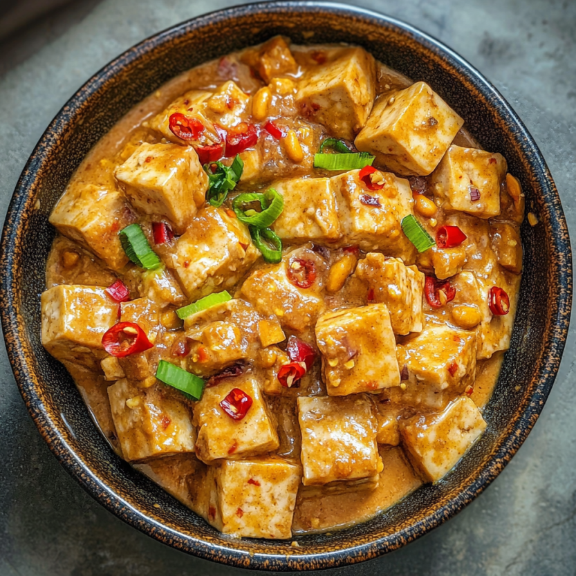 Plate of tofu with spicy bean sauce.