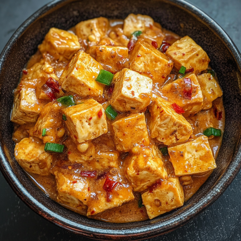 A plate showing tofu covered in bold, spicy peanut paste sauce.