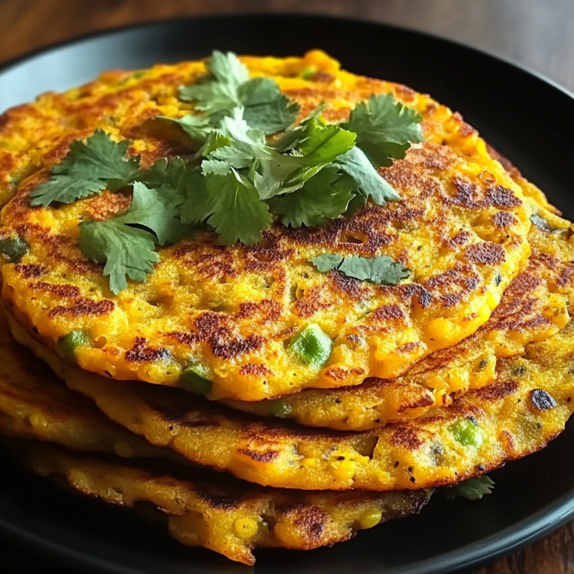 Une assiette de pancakes de lentilles colorées, garnies de herbes et de légumes verts, sur un plateau.