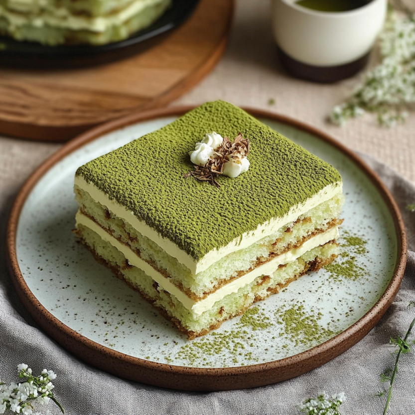 An egg-free chocolate tart made with matcha sits on a tray, ready to serve.