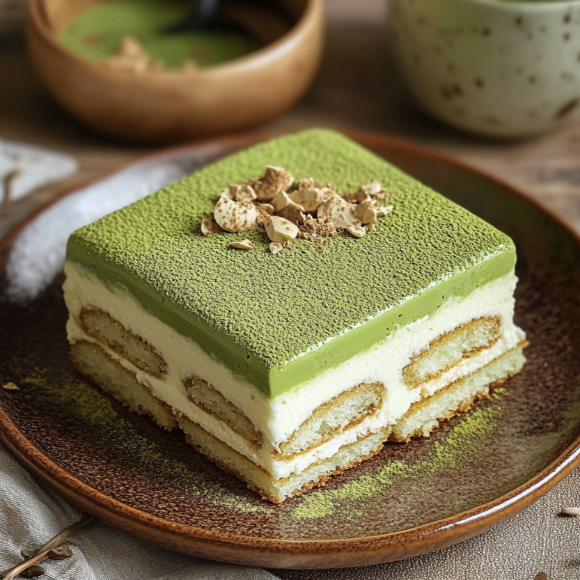 Une tarte au citron en forme de carré avec des noix et des herbes vertes sur le dessus.