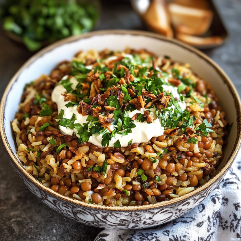 On a table sits a bowl of Mujadara with onions on top.
