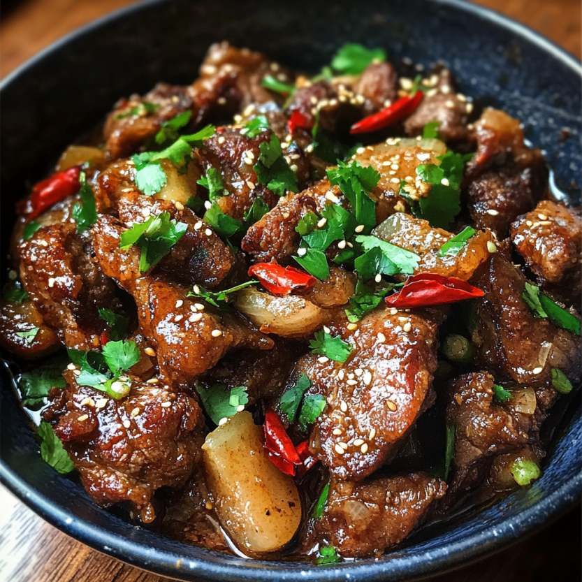 Une assiette de viande de mouton avec des épices et des herbes, qui est un plat de la cuisine chinoise.