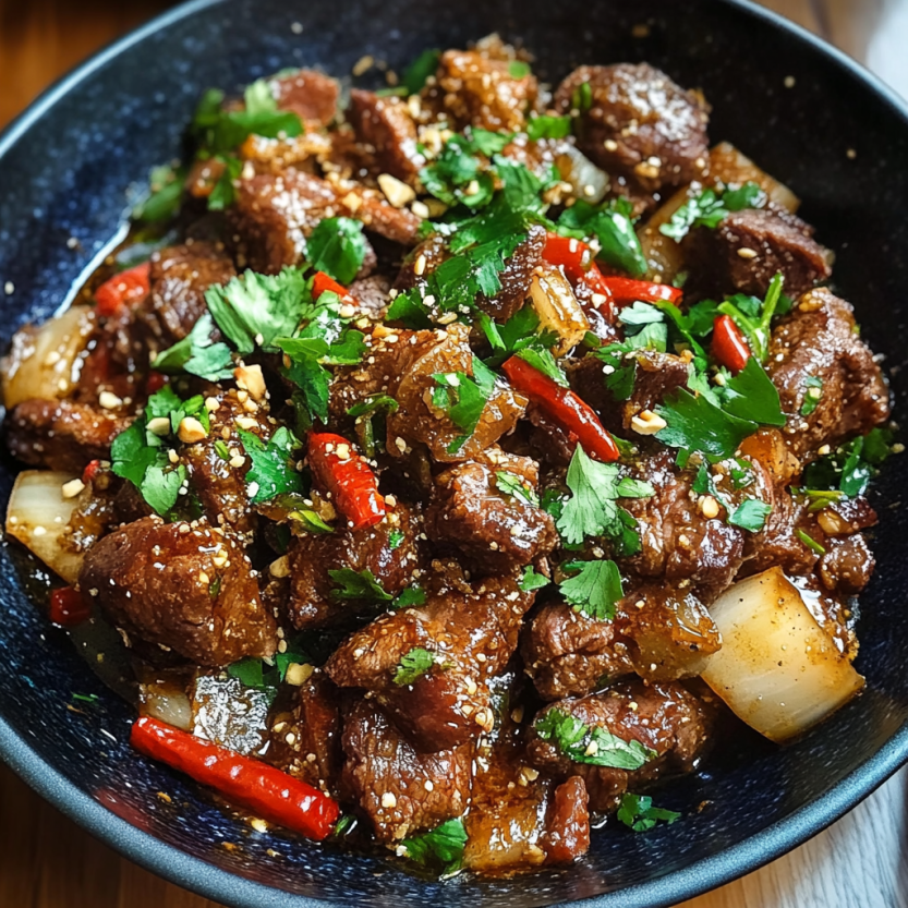 Une assiette de viande de mouton avec des épices et des herbes, qui est un plat de la cuisine chinoise.