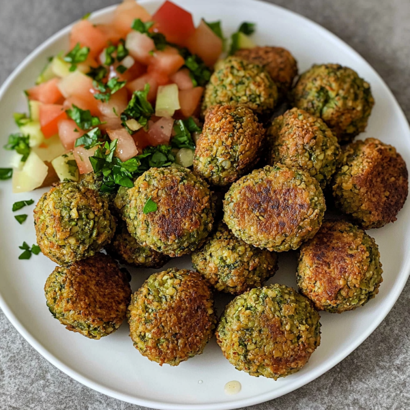 A plate piled with air-fried golden falafel.