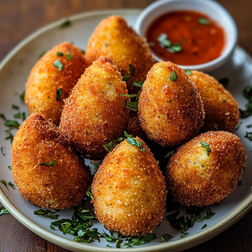 A plate stacked with Brazilian chicken croquettes.