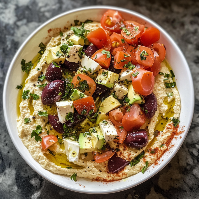 A colorful plate of Greek hummus with bright veggies and herbs.