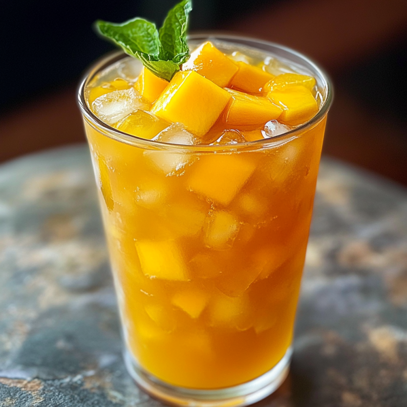 Une tasse de thé mango garnie d'une feuille de menthe.