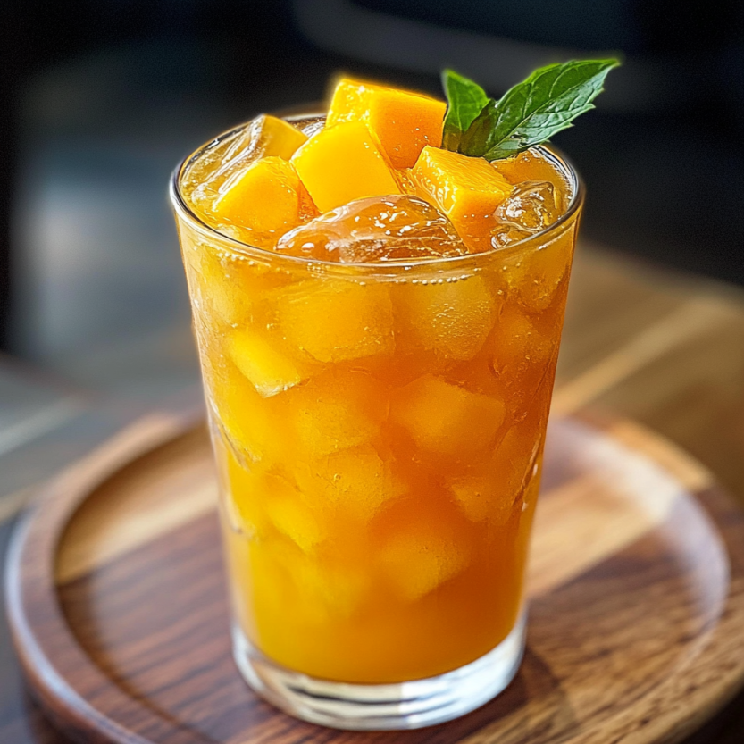 Une tasse de thé mango garnie d'une feuille de menthe.