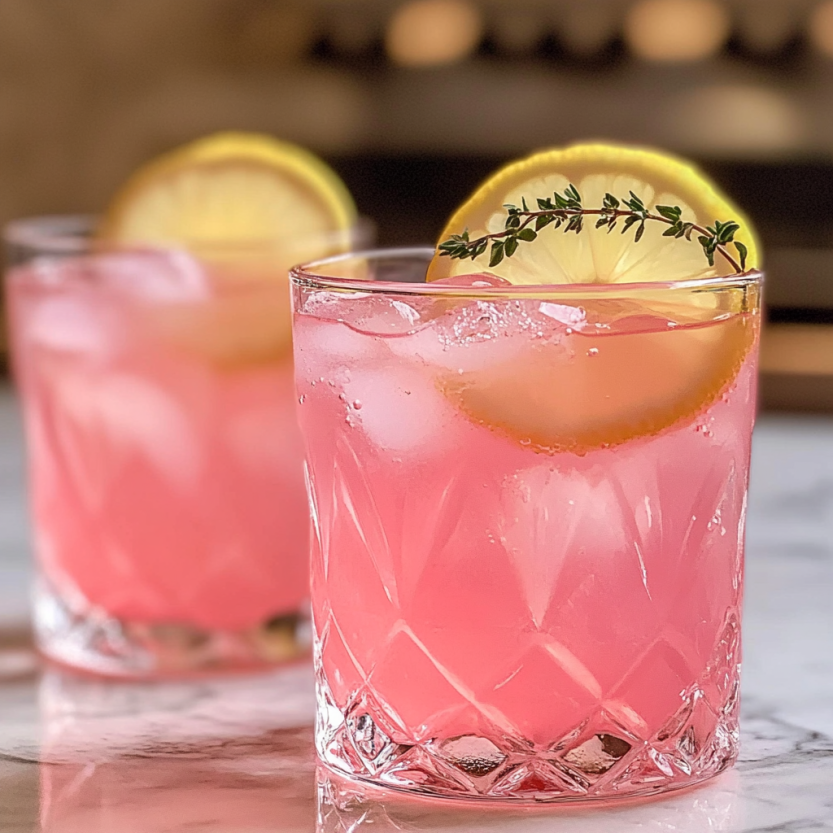 Two glasses of pink lemonade cocktail sitting on a table.