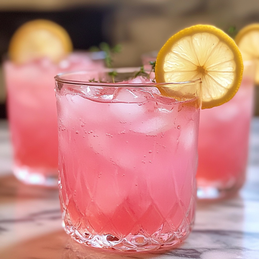 Un verre de pink lemonade cocktail avec une goutte de citron.