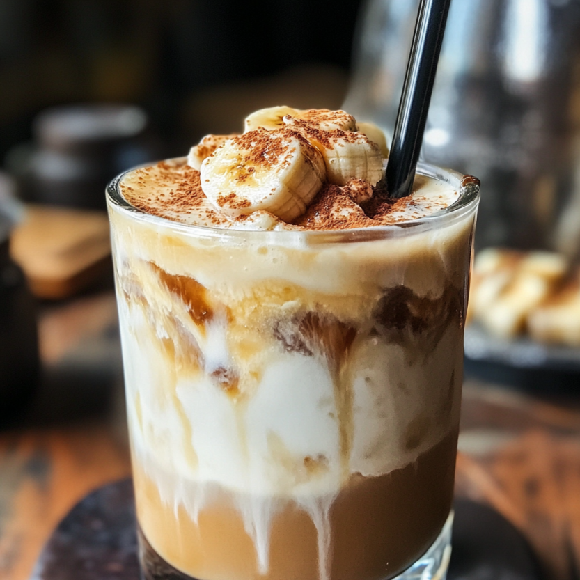 Un verre de Banana Cream Iced Latte avec des bananes et du sucre sur le dessus.