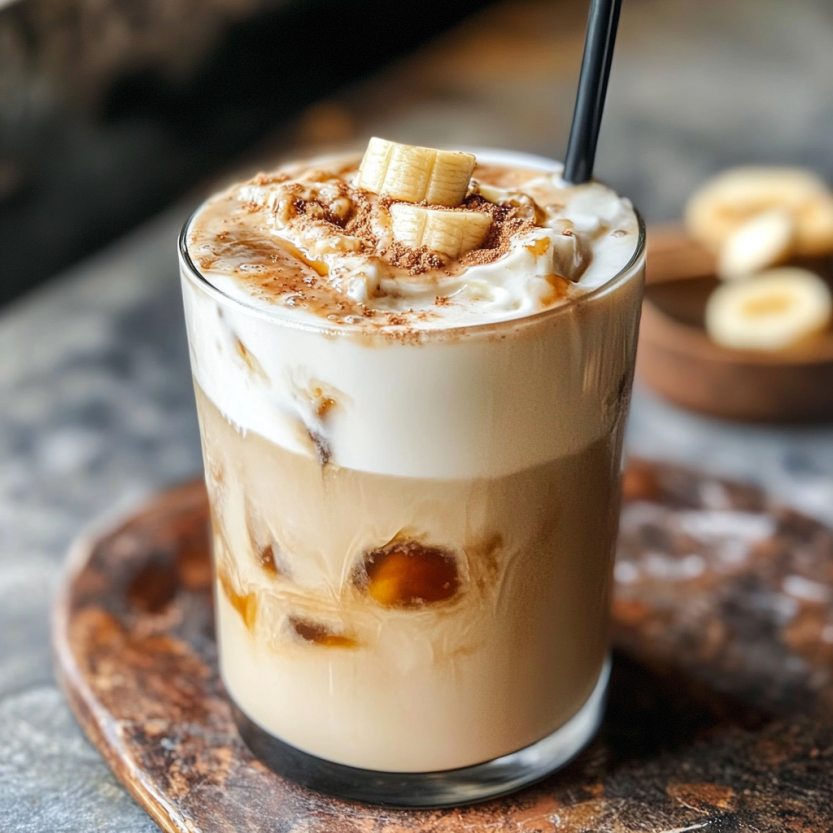 Un verre de Banana Cream Iced Latte sur une table.