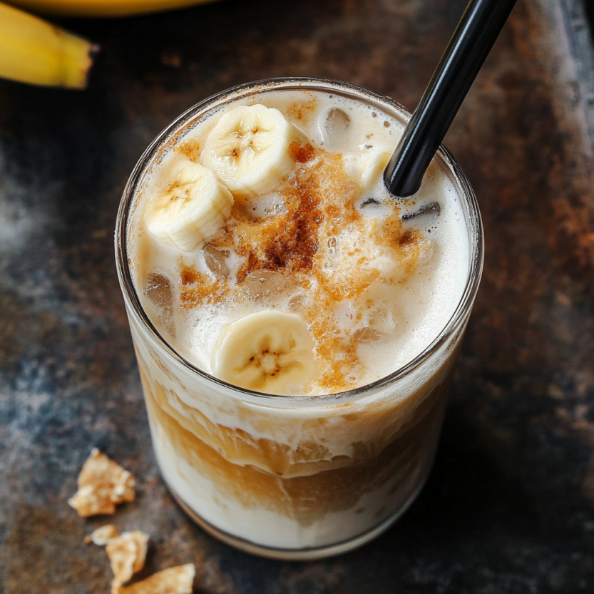 A glass of milky coffee with banana slices on top.
