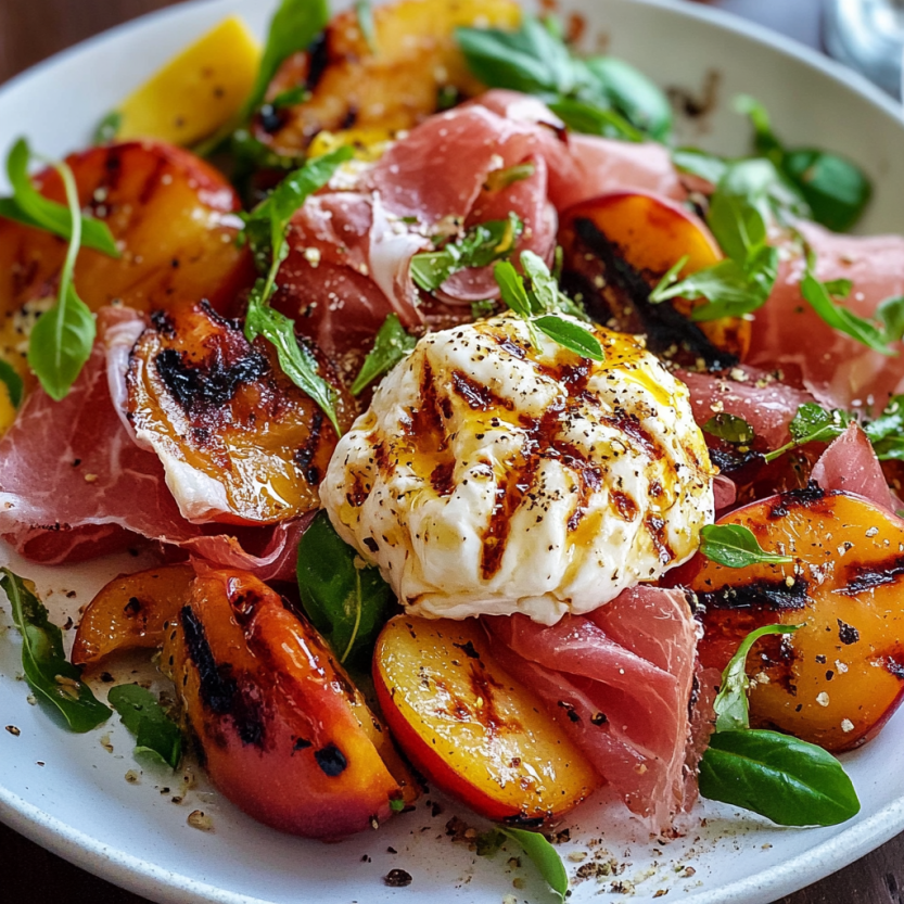 A colorful salad with grilled nectarines, salty ham, and creamy burrata.